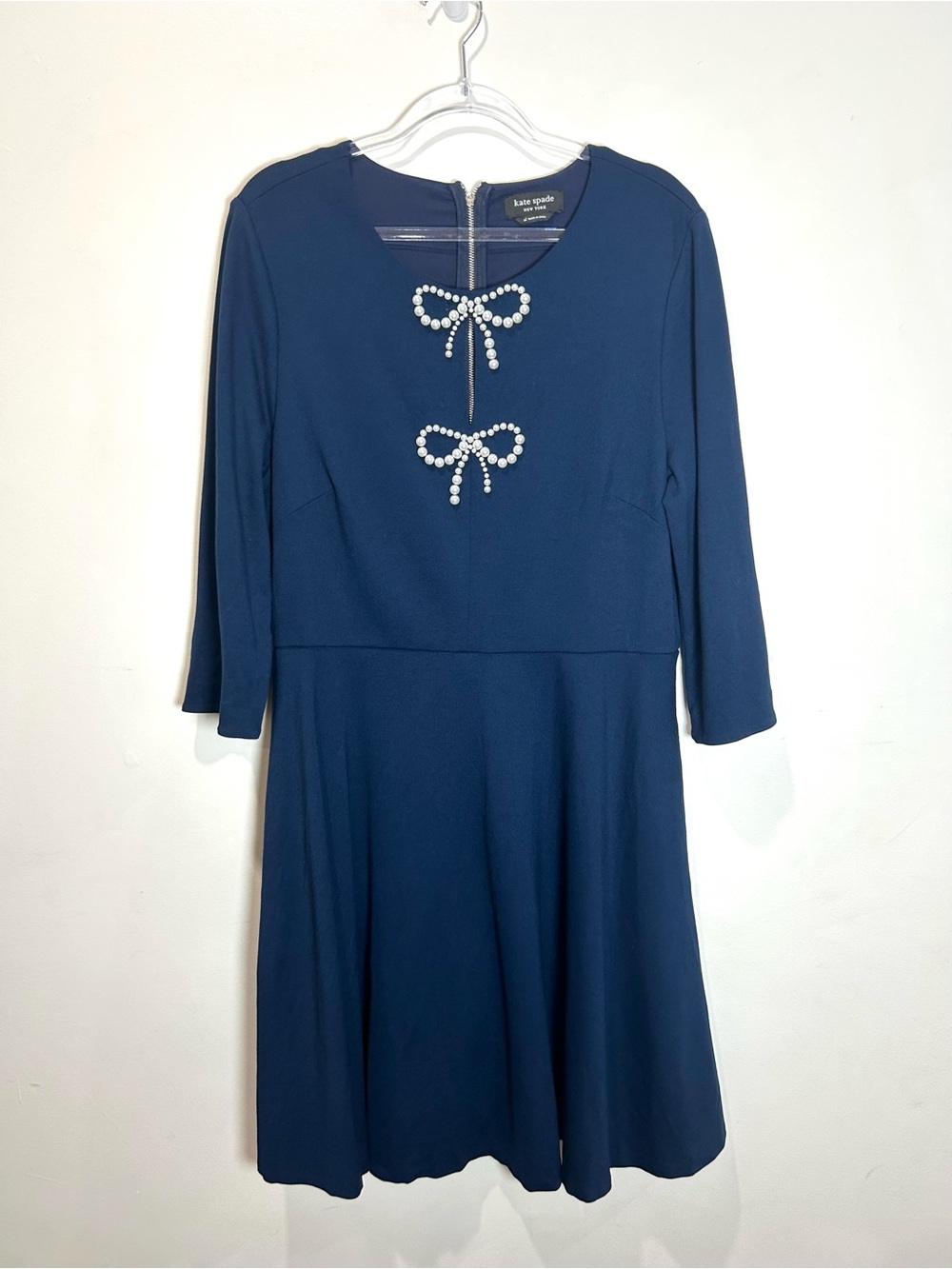 Kate Spade A-line Dress Pearl Bows Women’s XL Navy Blue Stretch Pockets Dressy - Picture 8 of 15